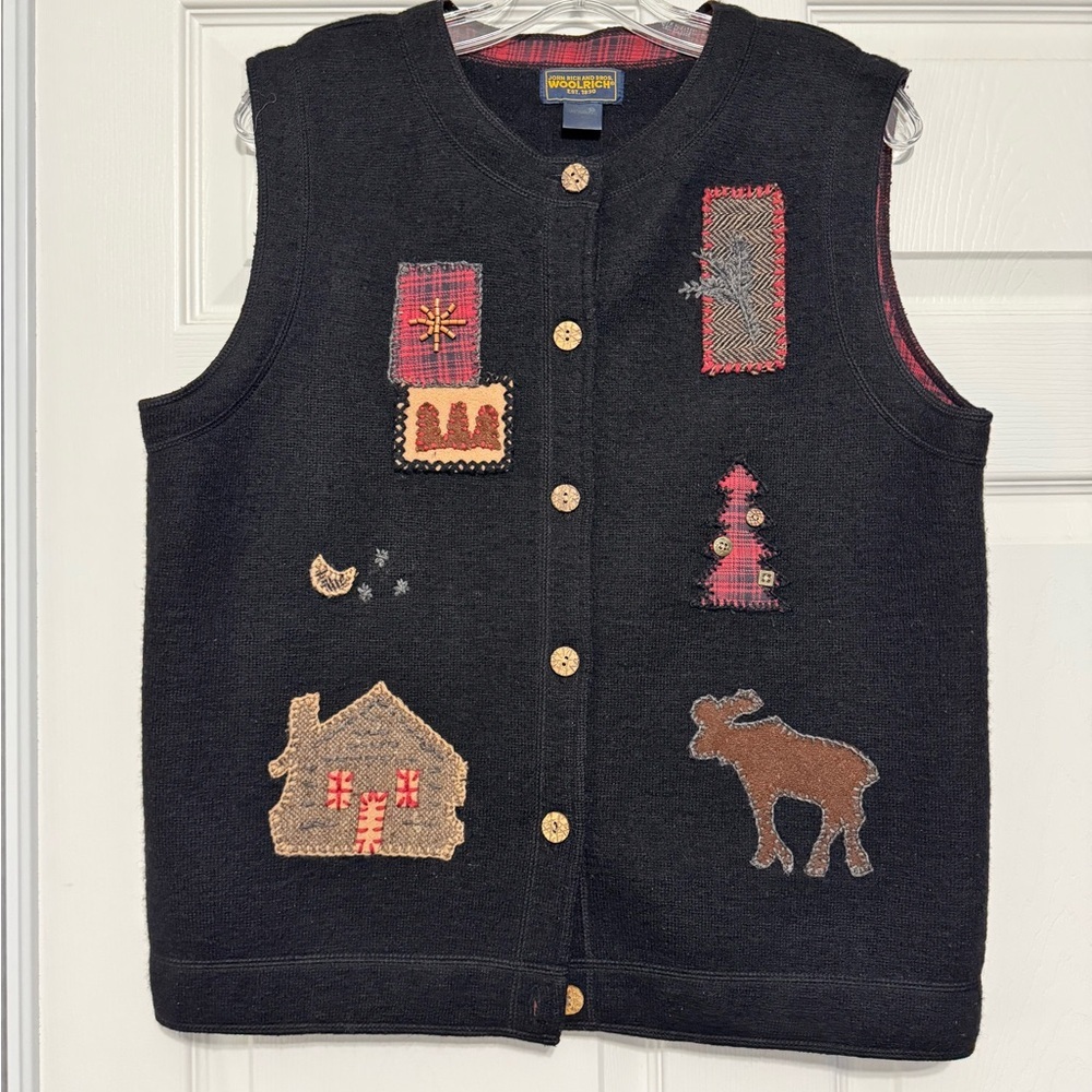 Woolrich Vtg L Moose Embroidered Vest  Black Wool Beaded Patchwork Grandma Cabin